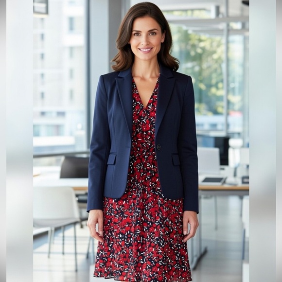 NY&Co Midi Dress w/ Red Floral Print on Navy, 3/4 Sleeve V-neck Belted sz L - Picture 3 of 16